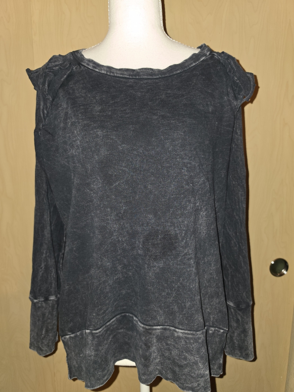 Urban X Charcoal Mineral Wash Ruffle Shoulder Cut-Out Top - Size Medium